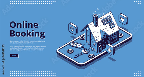 Online booking banner. Mobile application for book hotel, accommodation or apartment for vacation. Vector landing page of online rent reservation with isometric smartphone and house