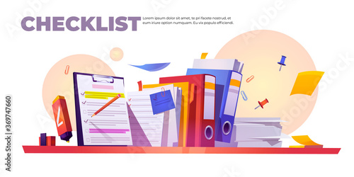Checklist banner. Concept of paperwork organization and completed tasks. Vector cartoon illustration of questionnaire, survey or planning work with check list on clipboard