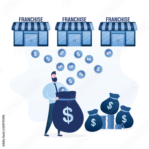 Businessman holds bag and catches falling money. Owner of franchise rights receives profit - royalties and fees. Make money concept