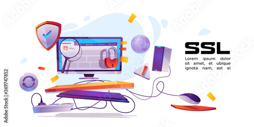 SSL, secure certificate of website banner. Concept of safety internet technology, data encryption protocol. Vector cartoon illustration with browser on computer screen, shield with tick and padlock