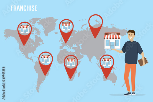 Development of global franchise network. World map with shops. Businessman or investor with new shop in hands. Franchise marketing system