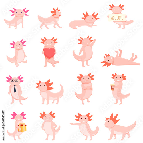 Axolotl icons set. Cartoon set of axolotl vector icons for web design