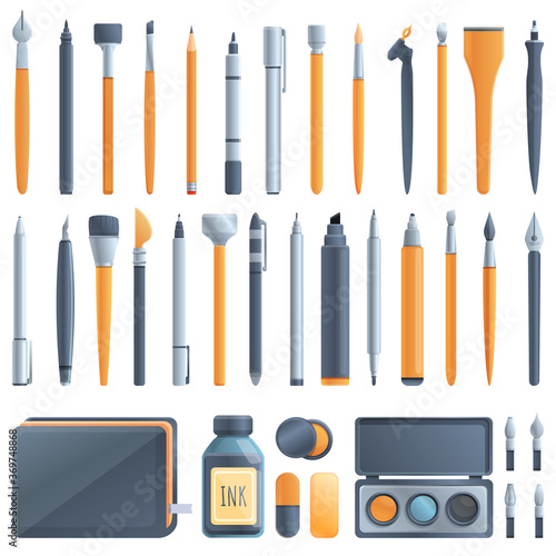Calligraphy tools icons set. Cartoon set of calligraphy tools vector icons for web design