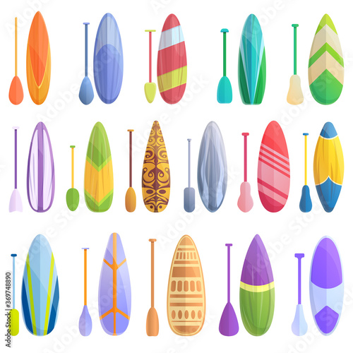 Sup surfing icons set. Cartoon set of sup surfing vector icons for web design