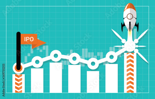 IPO or Initial Public Offering corporate stock market, company growth concept. Design by start flag, financial charts elements and rocket flying. Vector illustration of startup investment strategy