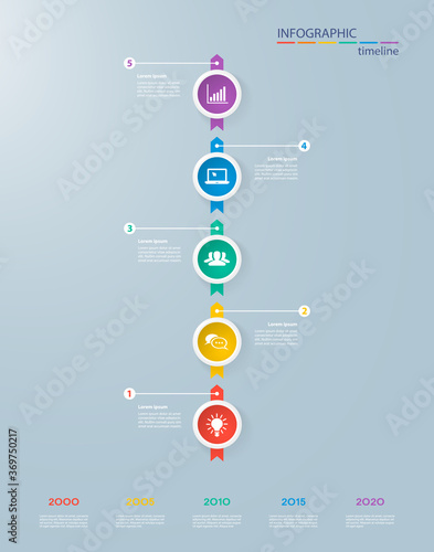 Infographics timeline template with realistic colorful circles for 5 steps and icons. Can be used for workflow layout, diagram, number options, step up options, web design, infographics, presentations