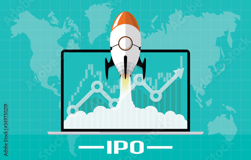 IPO or Initial Public Offering corporate stock market, company growth concept. Design by financial charts elements and rocket flying on laptop. Vector illustration of startup investment strategy style