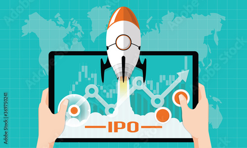 IPO or Initial Public Offering corporate stock market, company growth concept. Design by financial charts elements and rocket flying on gaming tablet. Vector of startup investment strategy style