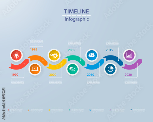Infographics timeline template with realistic colorful circles for 7 steps and icons. Can be used for workflow layout, diagram, number options, step up options, web design, infographics, presentations