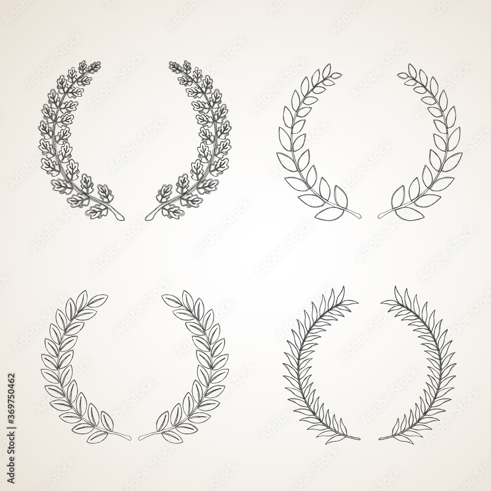 Set of black and white silhouette hand drawn laurel foliate and oak wreaths depicting an award, achievement, heraldry, nobility. Vector illustration.