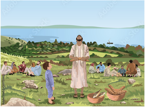 Jesus Feeds The Five Thousand - He Looks Up To Heaven And Gives Thanks - Vector