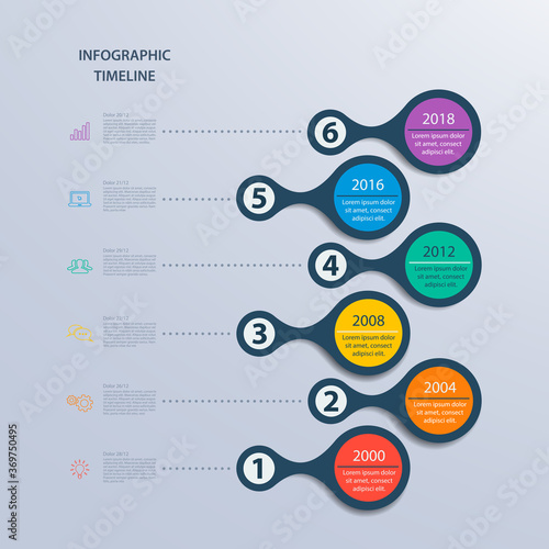 Infographics timeline template for 6 steps and icons. Can be used for workflow layout, diagram, number options, step up options, web design, infographics, presentations