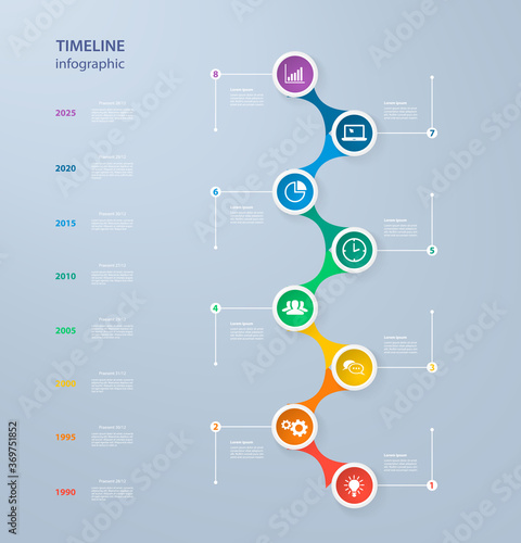 Infographics timeline template with realistic colorful circles for 8 steps and icons Can be used for workflow layout, annual report, diagram, number options,step up options,infographics,presentations