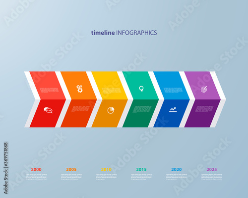 Infographics timeline template with realistic colorful arrows for 6 steps and icons. Can be used for workflow layout, diagram, number options, step up options, web design, infographics, presentations