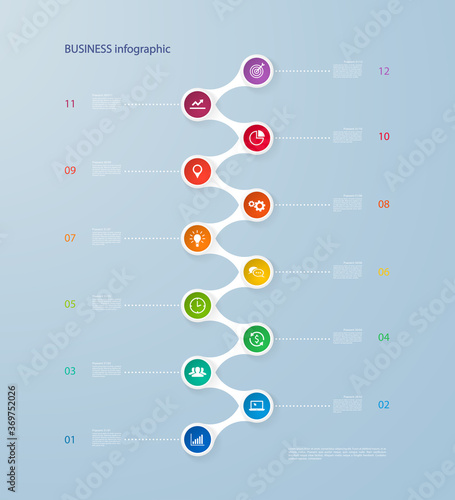Infographics timeline template with realistic colorful circles for 12 steps and icons. Can be used for workflow layout, annual report, diagram, number options, step up options,  infographics.