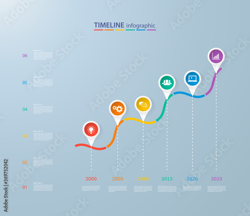 Infographics timeline template with realistic colorful circles for 6 steps and icons. Can be used for workflow layout, diagram, number options, step up options, web design, infographics, presentations