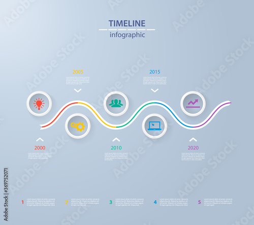 Infographics timeline template with realistic colorful circles for 5 steps and icons. Can be used for workflow layout, diagram, number options, step up options, web design, infographics, presentations