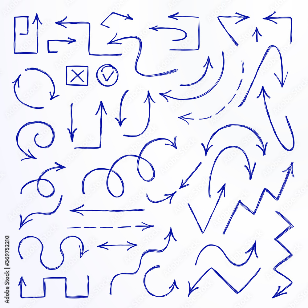 Set of hand drawn sketchy arrows. Graphic design elements. Vector illustration. Set of hand drawn sketchy arrows. Graphic design elements. Vector illustration.