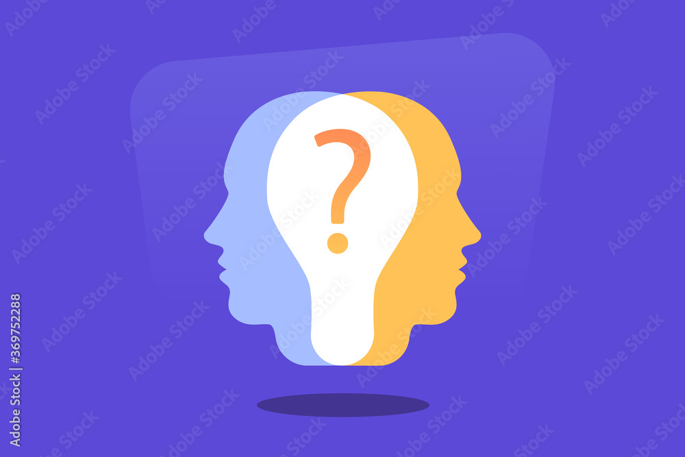 Human heads silhouette with question mark. Cognitive psychology or psychiatry. Self questioning. Education concept. Modern flat vector illustration Human heads silhouette with question mark. Cognitive psychology or psychiatry. Self questioning. Education concept. Modern flat vector illustration