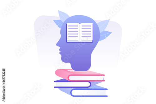 Human heads silhouette with books. Cognitive psychology or psychiatry. Education, learning, writing and storytelling. Literature or poetry. Modern isolated flat vector illustration