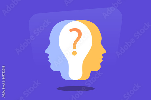 Human heads silhouette with question mark. Cognitive psychology or psychiatry. Self questioning. Education concept. Modern flat vector illustration
