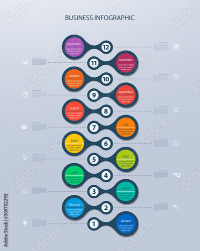 Infographics timeline template for 12 steps and icons. Can be used for workflow layout, annual report, diagram, number options, step up options, web design, infographics, presentations