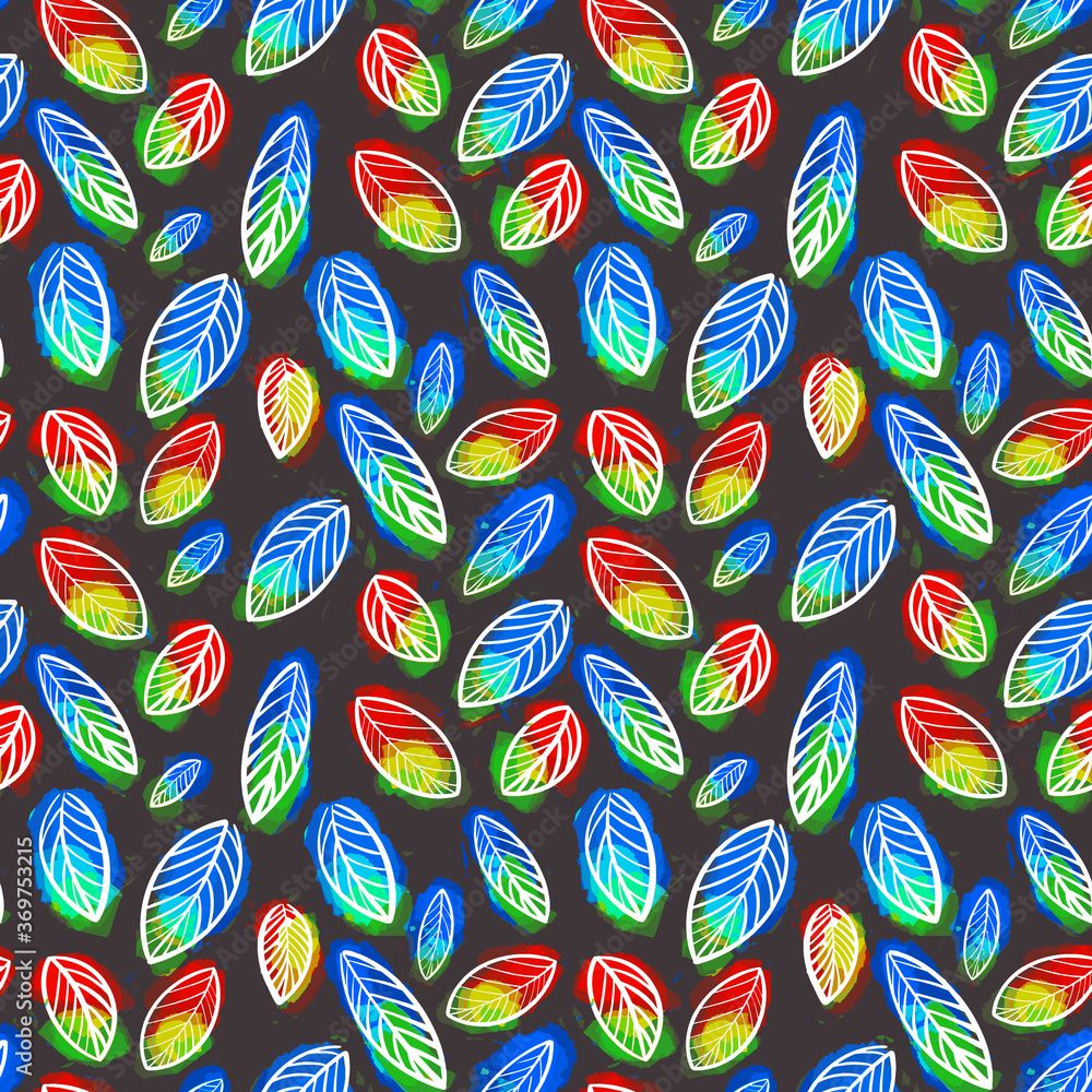 Naklejka premium seamless pattern of bright colorful leaves on a black background. Leaf pattern. Botanical pattern. The autumn pattern. Design for paper, clothing, textiles, blogs. vector illustration