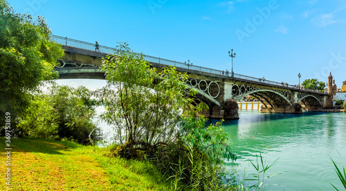A view across the river Guadalquivir towards the Triana Bridge in Seville, Spain in the summertime © Nicola