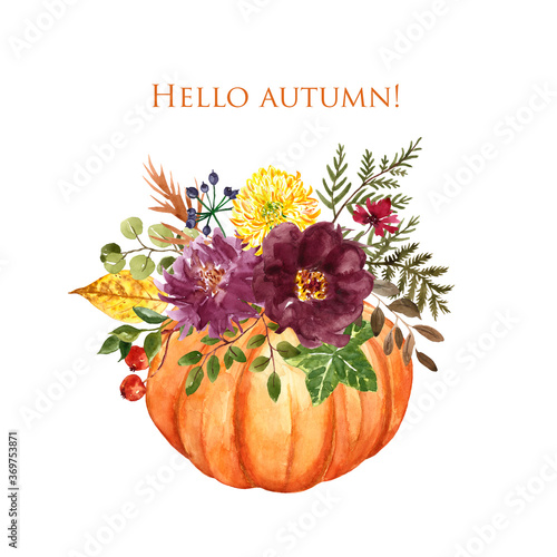 Colorful floral pumpkin arrangement illustration. Watercolor orange pumpkin a...