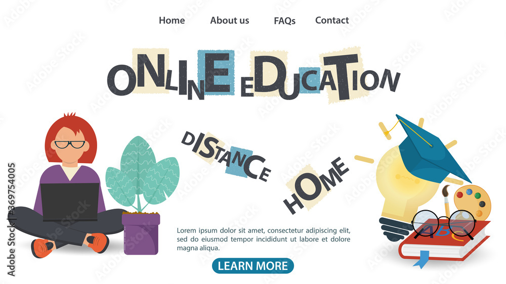 Design 2 web page banner on the theme of home school distance online education using Internet technologies flat vector illustration cartoon