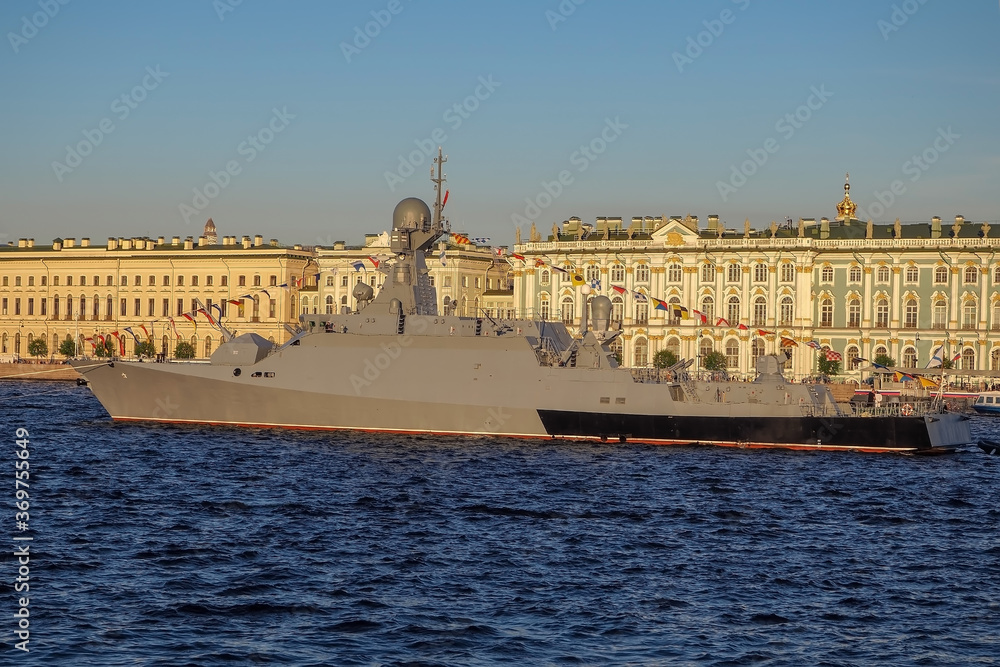 a warship on the Neva river in the center of Saint Petersburg