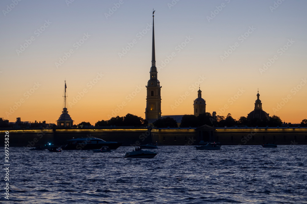 Outline of Peter and Paul Fortress at sunset, Neva river in Saint-Petersburg, Russia