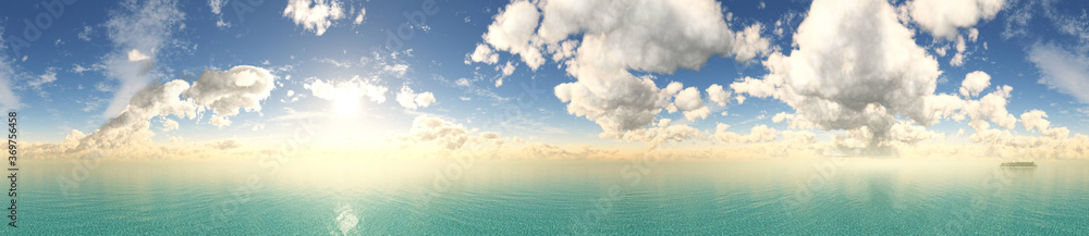 Beautiful clouds over the sea, seascape panorama, ocean sunrise, 3D rendering