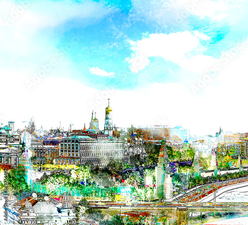 water color painting View of Moscow Kremlin and the bell tower of Ivan the Great and Russian weapons with moscow cityscape, Moscow, Russia