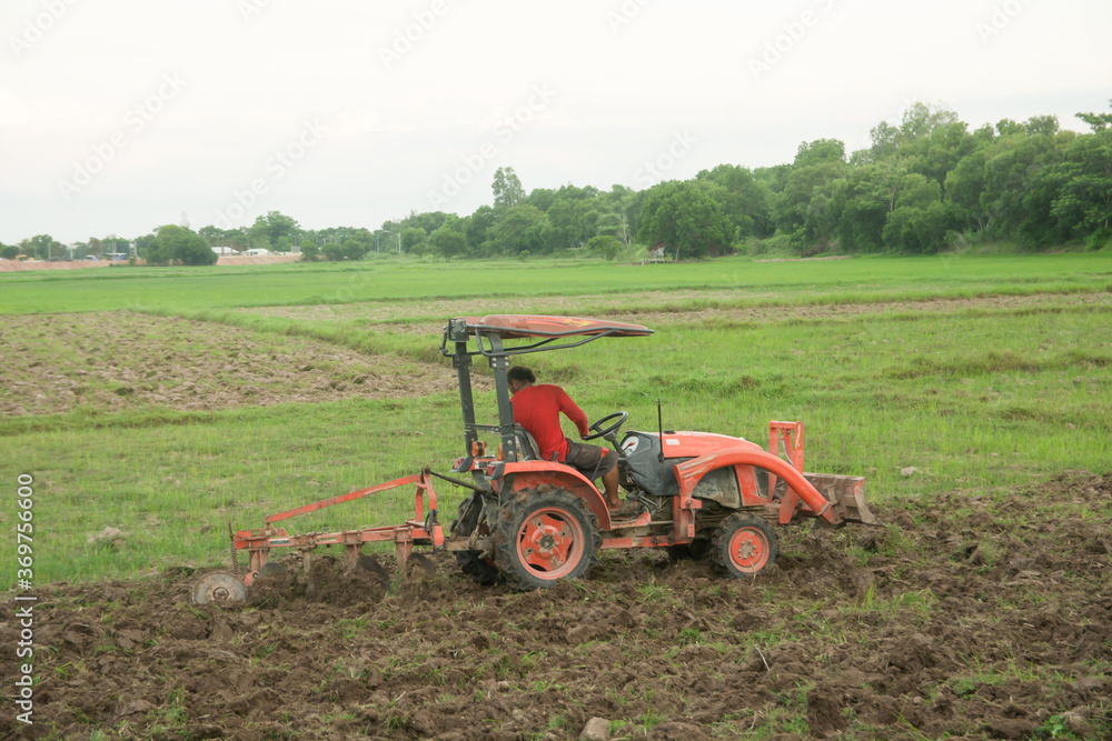Tractor working plows a field on the farm for planting. Tractor working plows a field on the farm for planting.