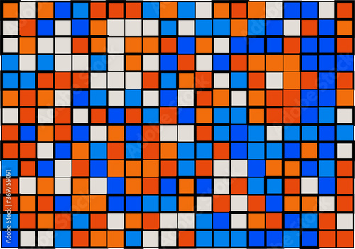 Mosaic from vector squares with trendy blue and orange colors and different sized borders in shades of colors for web, cover, wrapping paper, art, etc. backgrounds