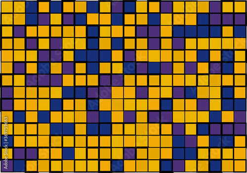 Mosaic from vector squares with trendy yellow, blue and purple colors and different sized borders in shades of yellow for web, cover, wrapping paper, art, etc. backgrounds