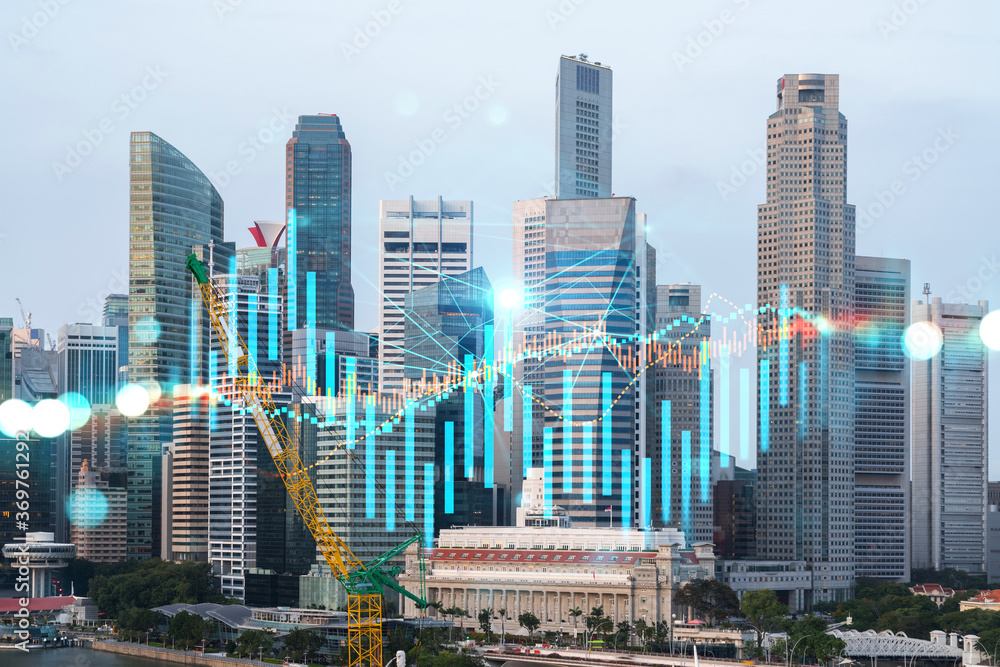Fototapeta premium Forex and stock market chart hologram over panorama city view of Singapore, the financial center in Asia. The concept of international trading. Double exposure.