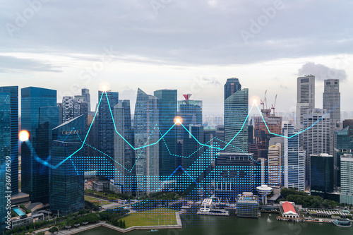 Photography Financial stock chart hologram over panorama city view of Singapore, business center in Asia