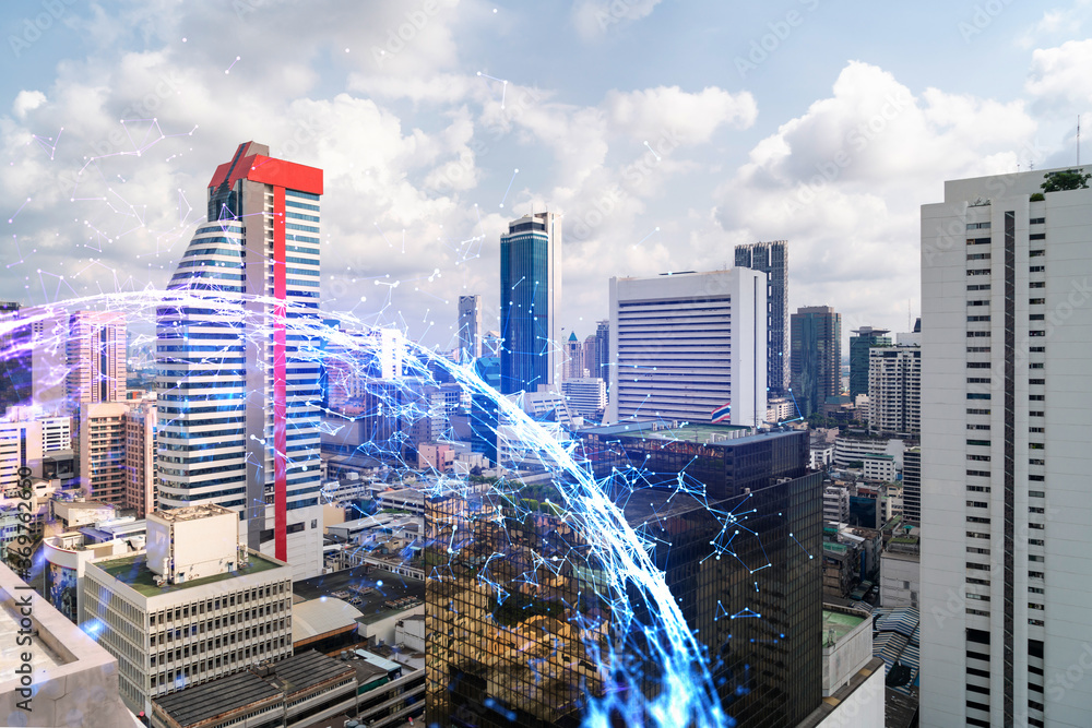 Obraz premium Abstract technology icons hologram over panorama city view of Bangkok, Asia. The concept of people networking and connections. Double exposure.