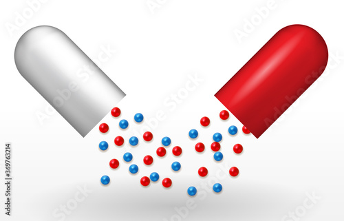 Naturalistic red and white capsule. Cure for diseases. Vaccine in pill. Vector Illustration