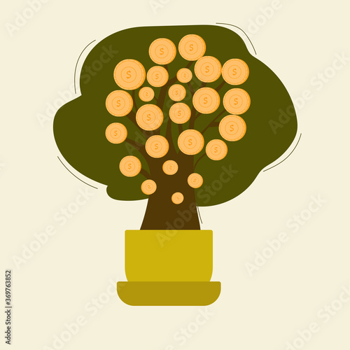Flat vector hand drawn illustration concept. Money tree vector. Tree with coins. 