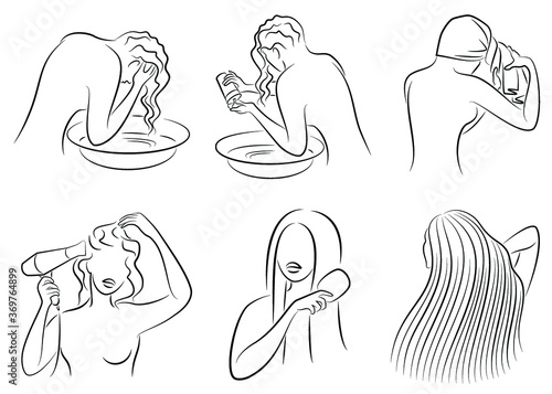 Collection. Silhouette of a woman washes her head. Lady dries her hair with a towel and hairdryer. Pretty haircut. Vector illustration set.