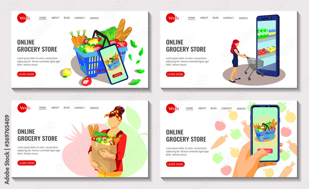 Set of website design for online grocery store. Grocery store, supermarket, food delivery, online shopping concept. Vector illustration. 