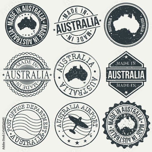 Australia Set of Stamps. Travel Stamp. Made In Product. Design Seals Old Style Insignia.