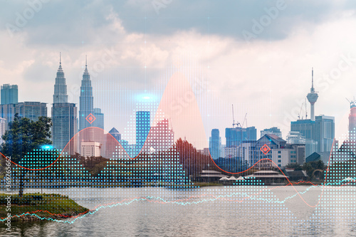 Glowing FOREX graph hologram, aerial panoramic cityscape of Kuala Lumpur at sunset. Stock and bond trading in KL, Malaysia, Asia. The concept of fund management. Double exposure.