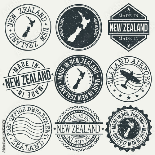 New Zealand Set of Stamps. Travel Stamp. Made In Product. Design Seals Old Style Insignia.