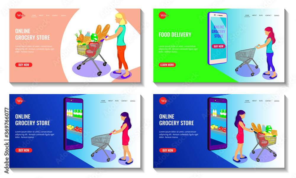 Website design for online grocery store. Girl with a grocery trolley entering the phone for groceries. Grocery store, supermarket, food delivery, online shopping concept. Vector illustration. Website design for online grocery store. Girl with a grocery trolley entering the phone for groceries. Grocery store, supermarket, food delivery, online shopping concept. Vector illustration.