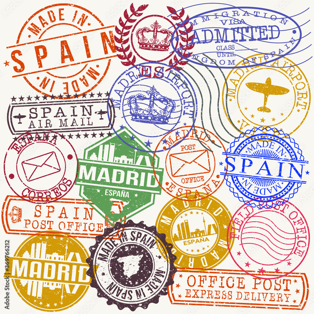 Fototapeta premium Madrid Spain Stamp Vector Art Postal Passport Travel Design Set Badge Rubber.