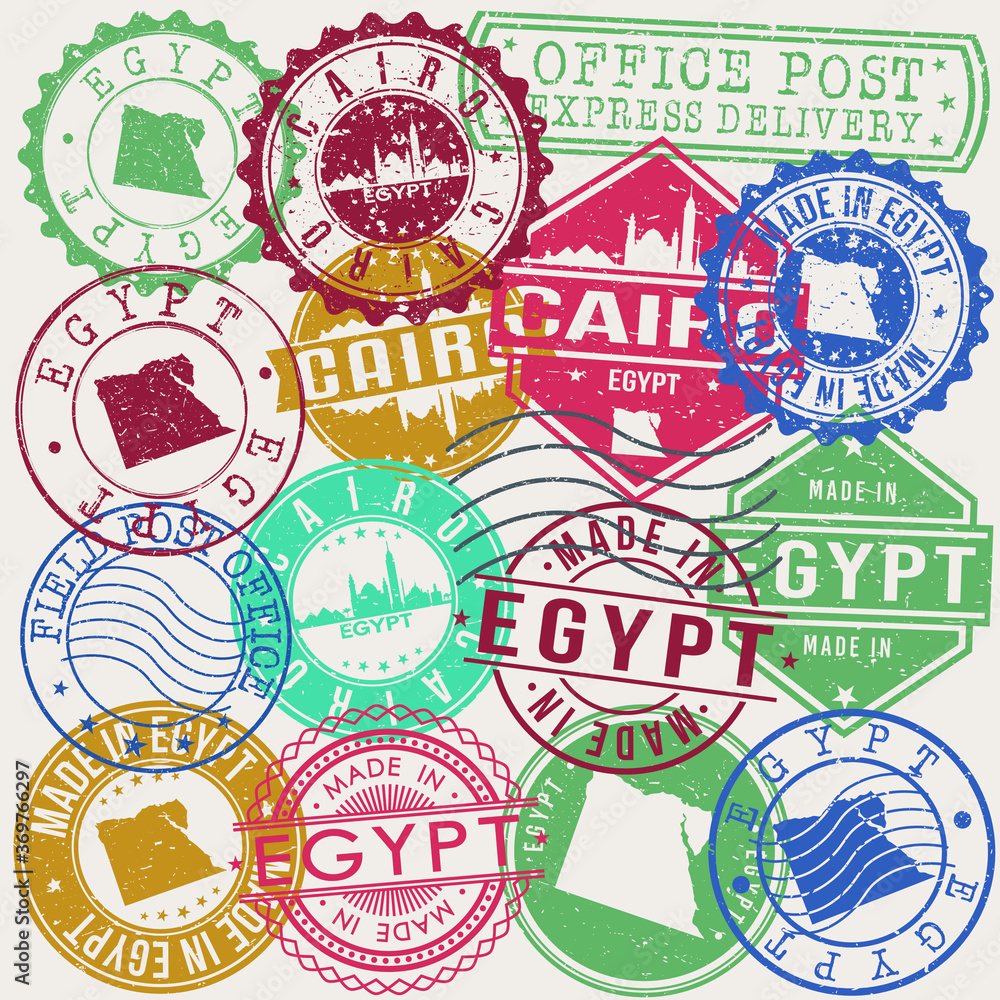 Cairo Egypt Set of Stamps. Travel Stamp. Made In Product. Design Seals Old Style Insignia.